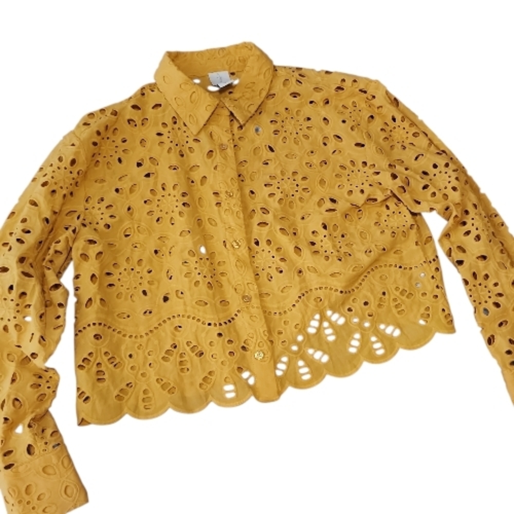 JOIE | Yellow Eyelet Lace Cropped Romantic Boho Feminine Boxy Button Blouse | M - Picture 3 of 12